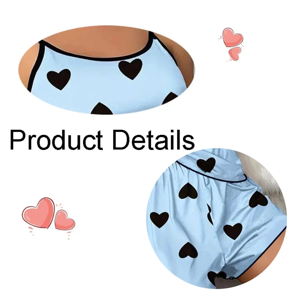 Pink Heart Pajama Set – Soft ice silk pajamas with a comfy round-neck tee and matching shorts, perfect for cozy summer nights.