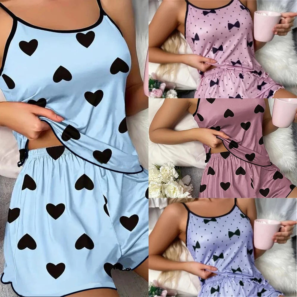 Pink Heart Pajama Set – Soft ice silk pajamas with a comfy round-neck tee and matching shorts, perfect for cozy summer nights.