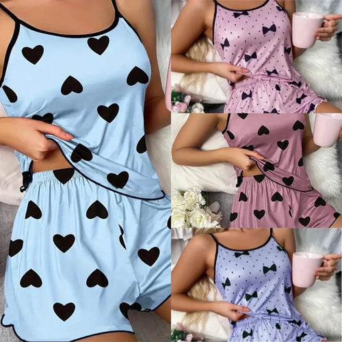 Pink Heart Pajama Set – Soft ice silk pajamas with a comfy round-neck tee and matching shorts, perfect for cozy summer nights.